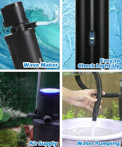 COOSPIDER Aquarium Filter U-Very Suitable for 10-45 Gallon Tank, 158GPH Small Fish Tank Filters for Green Control, Powerful Internal Submersible Pump for Turtle Tank, Air Supply & Oxygen Enhancement