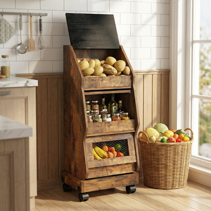 ARTETHYS Potato Storage Bin Movable Bread Box with Lid Rustic and Wheels Onion Organizer with Grocery Section Decorative Vegetable Organization Cabinet for Kitchen