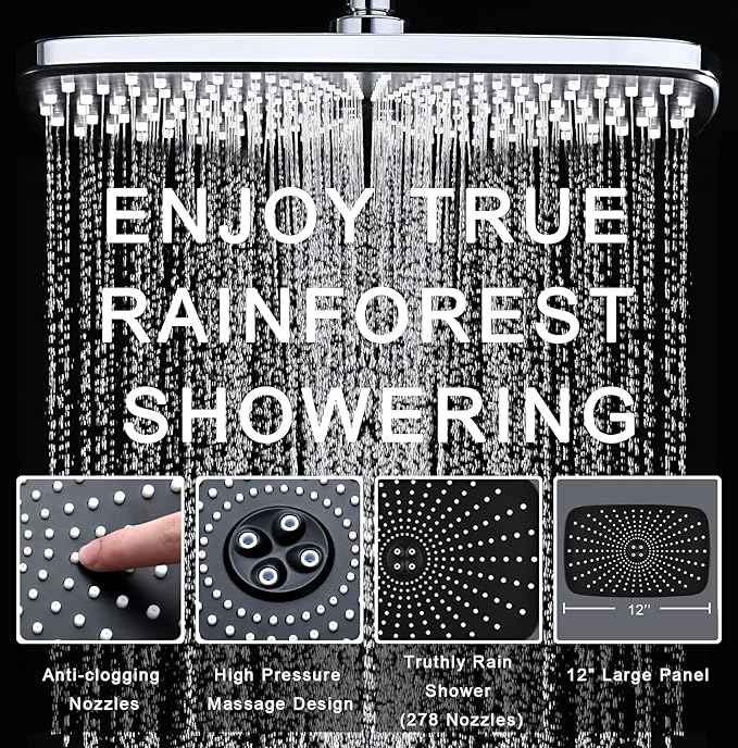 BOZYBO Rain Shower Head with Handheld: High Pressure Shower Heads with Handheld Spray Combo, 12" Rainfall Shower Head and 9 Sprays Hand Showerheads with Magnetic Docking and Power Jets, Chrome 1.75GPM