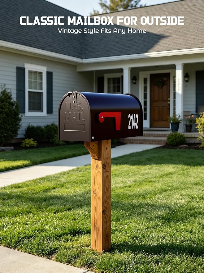 AZUNO Mailboxes for Outside, Metal Post Mount Mailbox with Red Flag & Address Numbers, Medium Capacity Mailbox for House, Galvanized Steel,19 * 8.9 * 7.1 inches, Dark Bronze