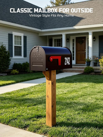 AZUNO Mailboxes for Outside, Metal Post Mount Mailbox with Red Flag & Address Numbers, Medium Capacity Mailbox for House, Galvanized Steel,19 * 8.9 * 7.1 inches, Dark Bronze
