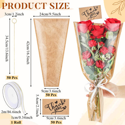 Gilprop 50 Pack 16.5 '' Flower Wrapping Bag Bouquet Kraft Paper Pack Sleeve with Floral Thank Card Holder and Pick Ribbon Flower Bouque Bag for Ot Mouth Thank Teacher, Father's Day, Graduation Gift