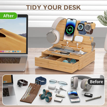 Pezin & Hulin Wooden Charging Station, Bedside Nightstand Tray, with Spacious Drawer, Felt Pads for Phones, Watch, Idea Gifts for Him Birthday, Son, Christmas for Papa Fathers Day (Nature)