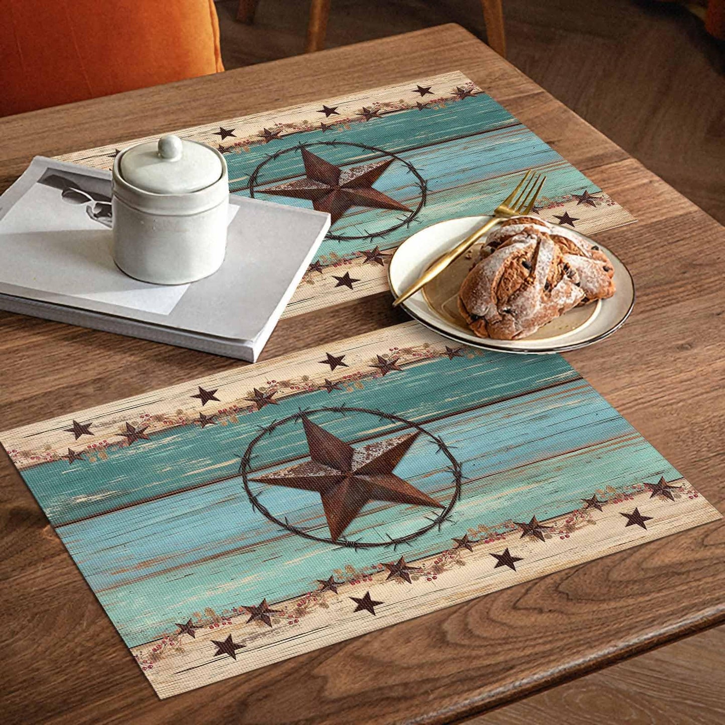 Western Texas Star Placemats Set of 6 Retro Turquoise Wooden Rustic Farmhouse 13x19 Inch Washable Non Slip Linen Table Mats, Rustic Summer Placemats for Dining Table Party Kitchen Decor