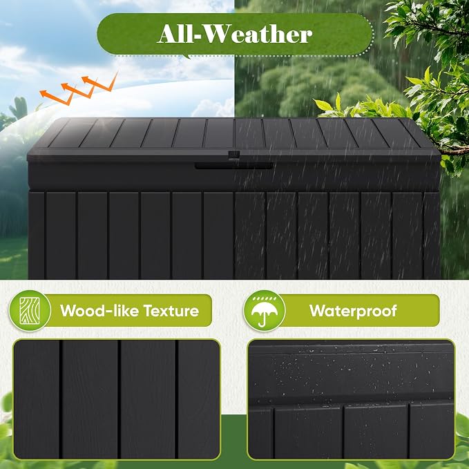 Flamaker Outdoor Storage Box 80 Gallon Resin Waterproof Deck Box Delivery Box with Wood Texture Large Storage Bin for Patio Cushions (Black)