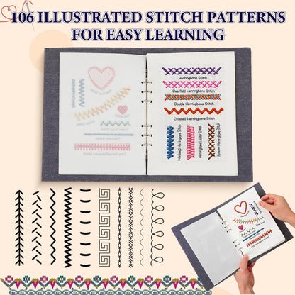 COLORCASA New Embroidery Stitch Book Kit,Embroidery Learning Book,Comes with a Complete Tool kit and Instructional Tutorial,106 Patterns for Beginners Craft Lovers and Sew Enthusiast