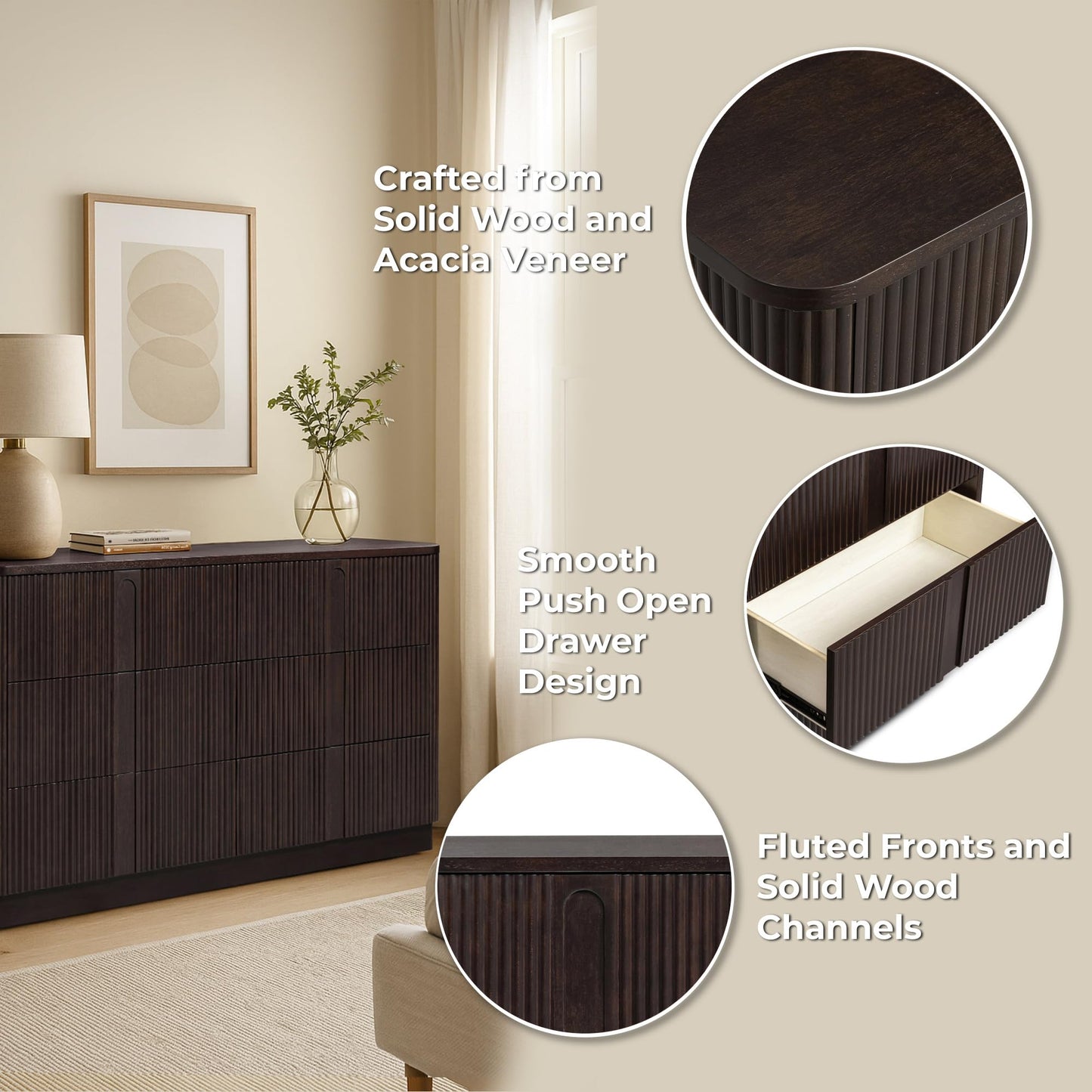Teamson Home 55'' W Ample Storage 6-Drawer Dresser Push to Open Modern Scandinavian with Rounded Edges and Reeding Pattern Bedroom Furniture Clothing Chest in Warm Espresso Finish