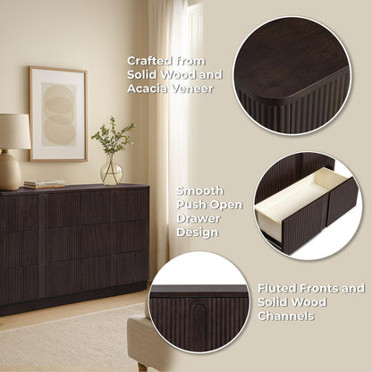 Teamson Home 55'' W Ample Storage 6-Drawer Dresser Push to Open Modern Scandinavian with Rounded Edges and Reeding Pattern Bedroom Furniture Clothing Chest in Warm Espresso Finish