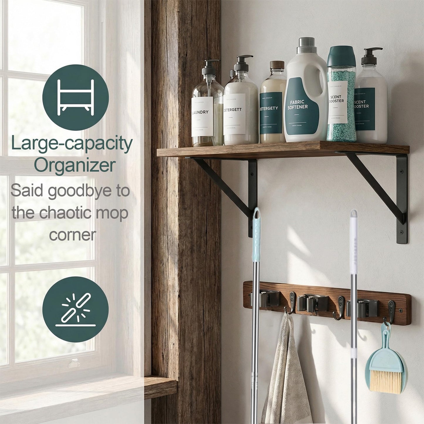 CQPRK Broom and Mop Organizer Wall Hanging with Cleaning Supplies Organizer Shelf Rustic Farmhouse Wood Broom Mop Holder Storage Rack for Laundry Room Garage (1, Brown)