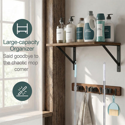 CQPRK Broom and Mop Organizer Wall Hanging with Cleaning Supplies Organizer Shelf Rustic Farmhouse Wood Broom Mop Holder Storage Rack for Laundry Room Garage (1, Brown)