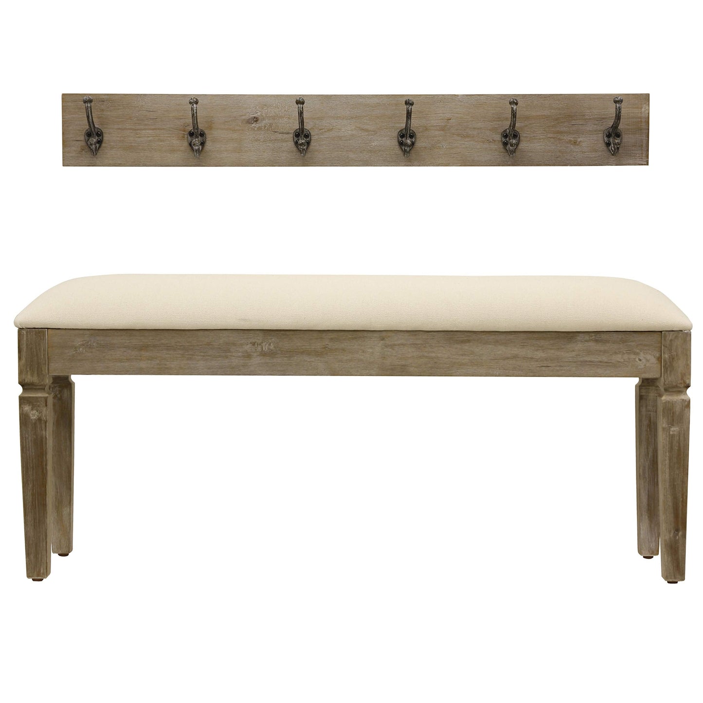 Decor Therapy Waverly Wood Bench with Coat Rack Set, Set of 2, White with Cream Cushion