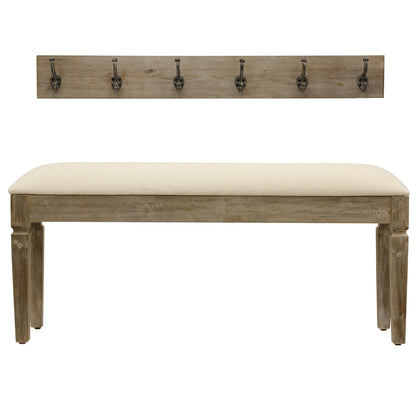 Decor Therapy Waverly Wood Bench with Coat Rack Set, Set of 2, White with Cream Cushion