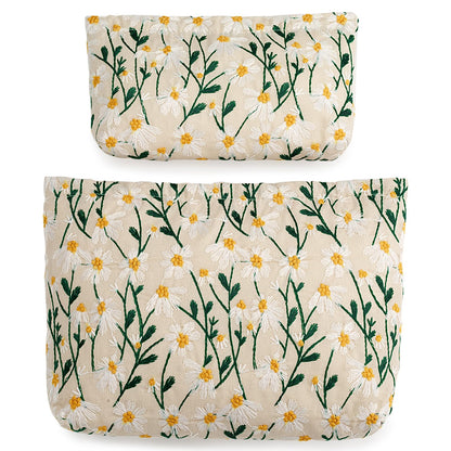 RIKMOXR 2 Pcs Makeup Bags, Large Cosmetic Bag Travel Toiletry Bag Organizer for Women, Embroidery Craft, Floral Makeup Bag Small Cosmetic Pouch Purse with Zipper Gifts for Girls Teen