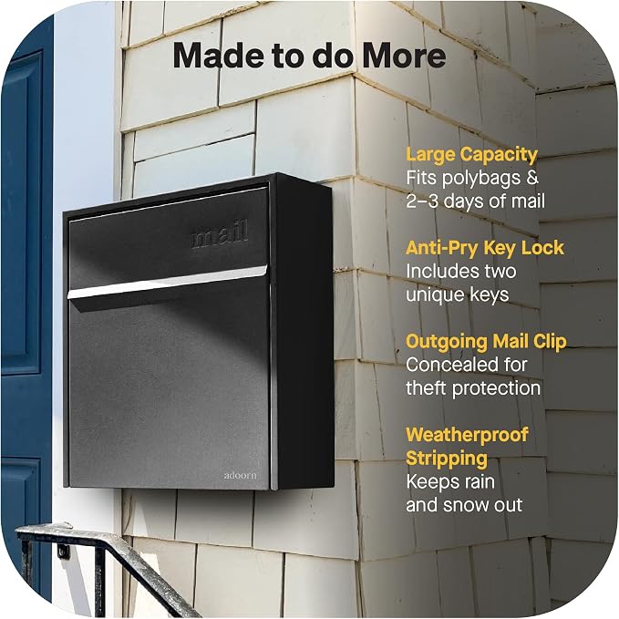 Adoorn Lockable Wall Mount Mailboxes for Outside - Large Anti-Theft Locking Mailbox for Letters - Weatherproof Construction - Durable Steel - 18.5" H x 15" L x 7.5" D - Black