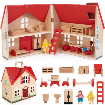 Foldable Wooden Dollhouse with 13PCS Furniture, 4 Rooms and 2 Flexible Dolls, Pretend Play Doll House Set with Portable Handle, Christmas Birthday Gift for Boys Girls Age 3+, Cottages
