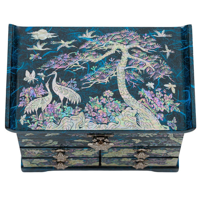 February Mountain Elegant Mother of Pearl Jewelry Box – Handcrafted Wooden Chest with Intricate Butterfly and Crane Designs, 4 Drawer Storage, and Red Velvet Interior – Ideal Gift for Women