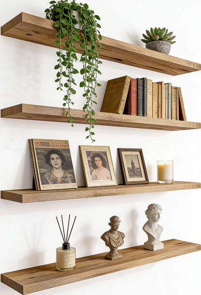 HXSWY 24 Inch Rustic Wood Floating Shelves Farmhouse Wooden Wall Shelves for Bathroom Bedroom Living Room Kitchen Office Set of 4 Light Brown