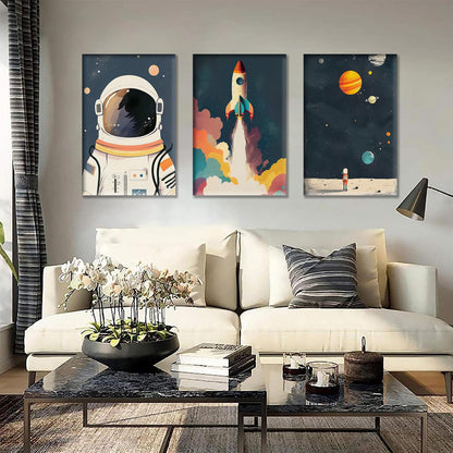 3Pcs Astronaut Wall art Nursery Space Adventure Posters Prints Rocketship Wall Decor Explore Dream Galaxy Canvas Prints Funny Planet Painting for Boys Girls Kids Bedroom Living Framed