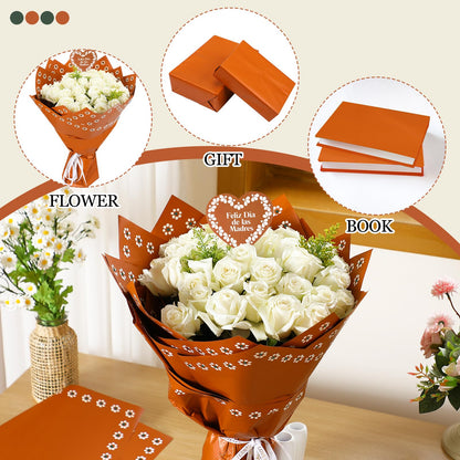 Fullhawl 20 Sheet Mexican Flower Wrapping Paper and 10 Pcs Feliz Dia De La Madre Cake Toppers Waterproof De Barro Brown White Floral Bouquet Wrap for DIY Gift Packaging Florist Supplies