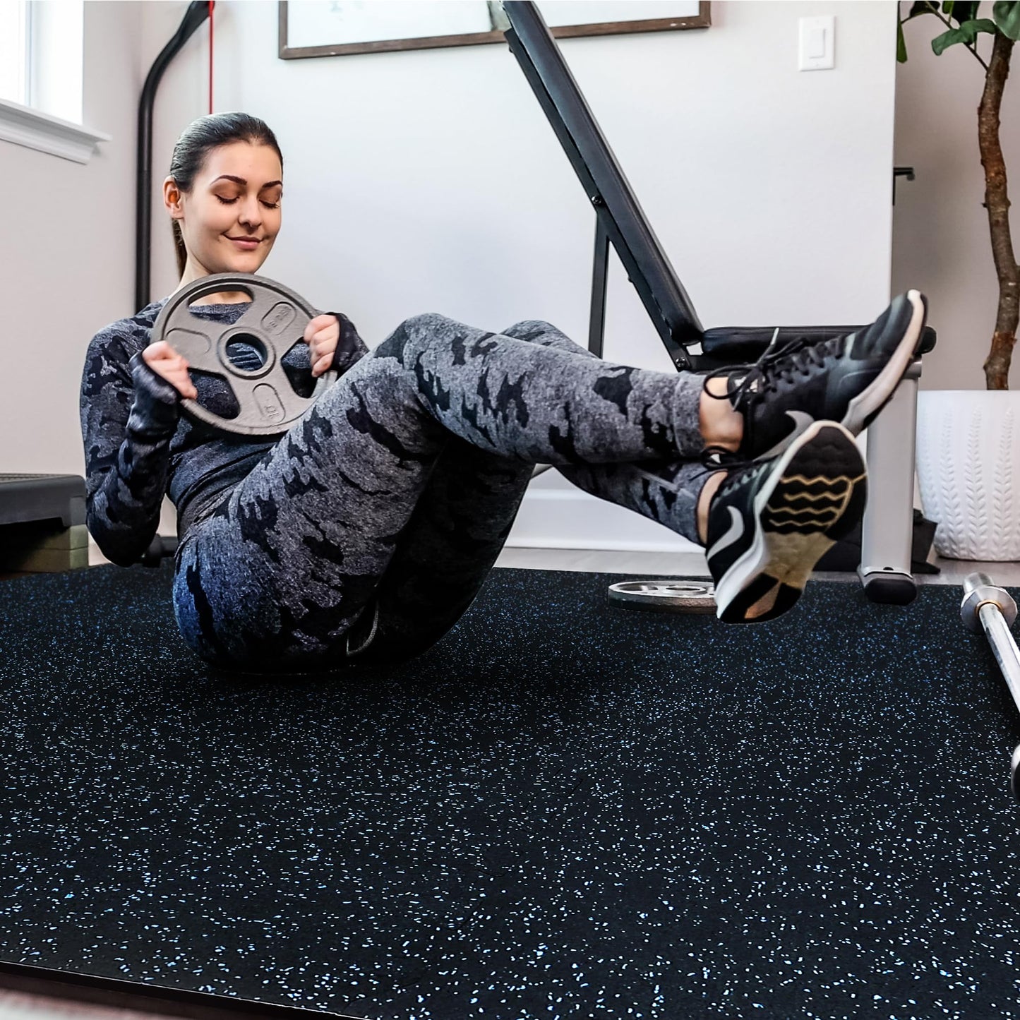 SUPERJARE 0.4'' Thick 12 Pcs 48 Sq Ft Rubber Top Exercise Equipment Mats, High Density EVA Foam Mats with Rubber Top, Interlocking Gym Flooring for Home Gym, Protective Workout Mat, Black/Blue