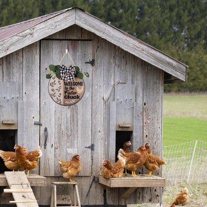 CHDITB Funny Chicken Wooden Sign, Rustic Farmhouse Wall Art Plaque, Chicken Coop Barnyard Hanging, Hen House Coop Round Sign,Welcome To The Fuster Cluck Door Hanger For Porch Outdoor Country Home Decor