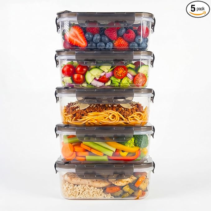 BPA-Free Plastic Airtight Food Storage Containers with Vented Lids, 5-Pack (3.4 Cups Each) for Meal Prep and Leftovers