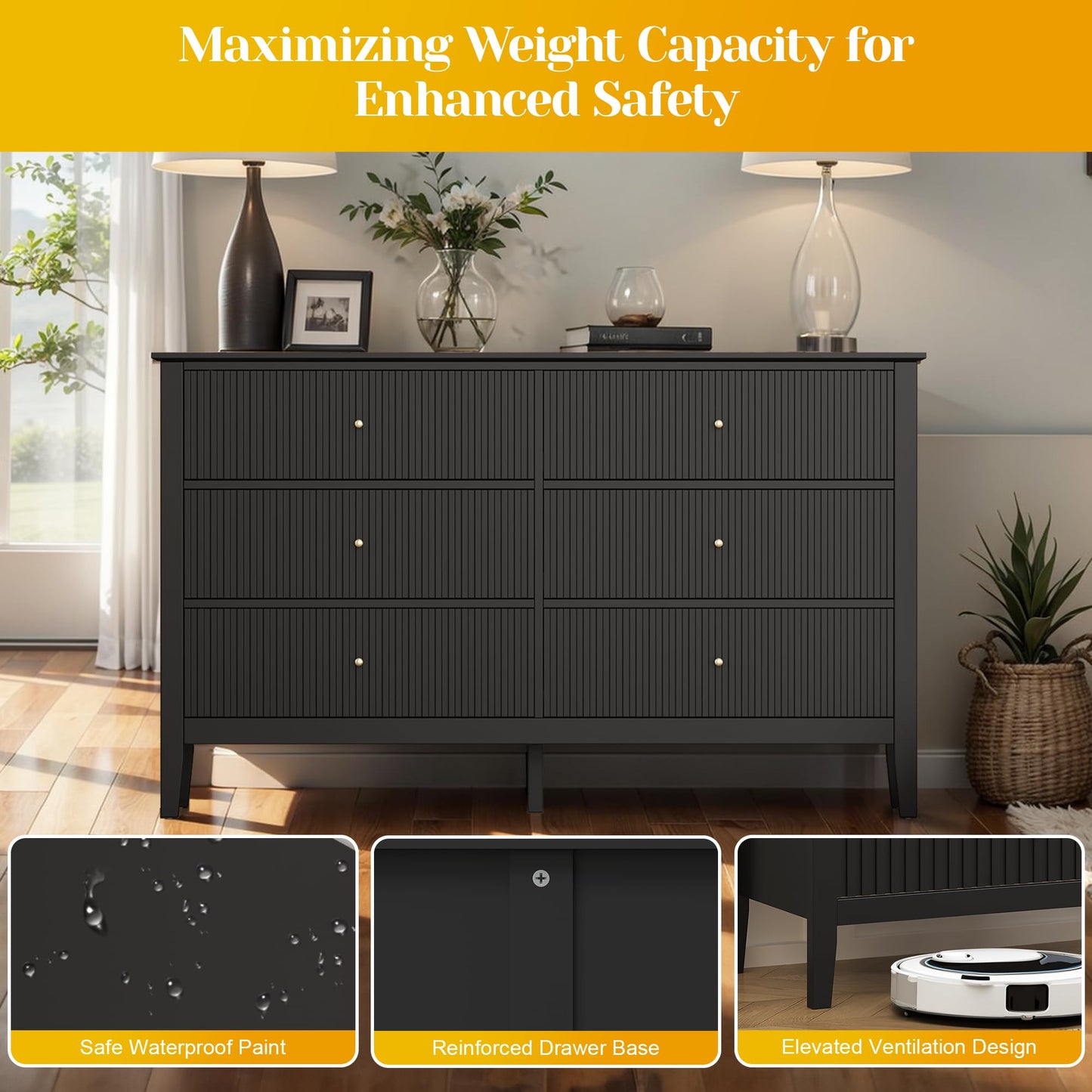 May in Color Black Fluted 6 Drawer Cabinet, Modern TV Console Table, Wood Entryway Table for Storage, Wooden Sideboard Cabinet for Bedroom, Hallway, Living Room