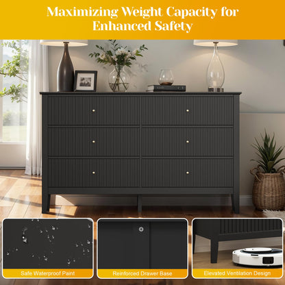 May in Color Black Fluted 6 Drawer Cabinet, Modern TV Console Table, Wood Entryway Table for Storage, Wooden Sideboard Cabinet for Bedroom, Hallway, Living Room