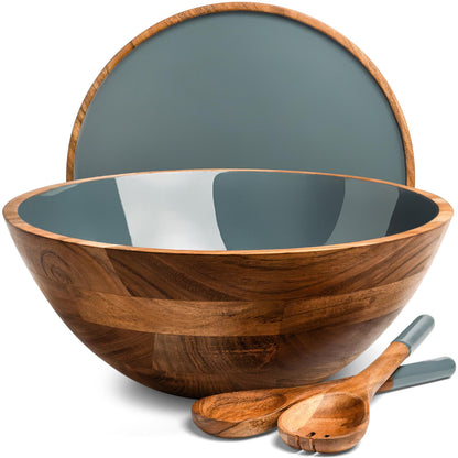 Large Wooden Salad Bowl Set 12.5 Inch with Serving Utensils, Tray Lid and Carry Strap. Acacia Wood Large Salad Bowls Ideal for Fruits and Dishes, Wooden Bowls for Food, Serving and Fruit Bowl