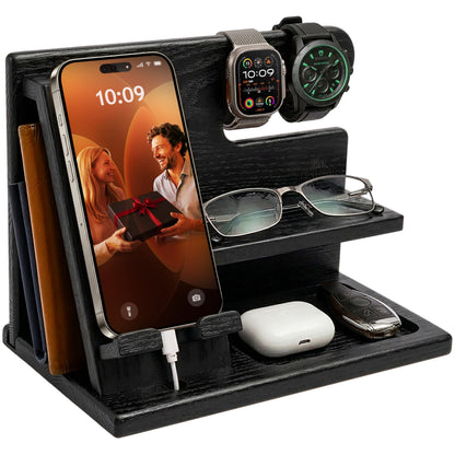 TESLYAR Wood Phone Docking Station for Men - Desktop or Nightstand Organizer - Birthday Gifts for Men, Dad - Anniversary Idea from Wife - Key Holder, Stand Wallet, Watch & Essentials (Granite Black)