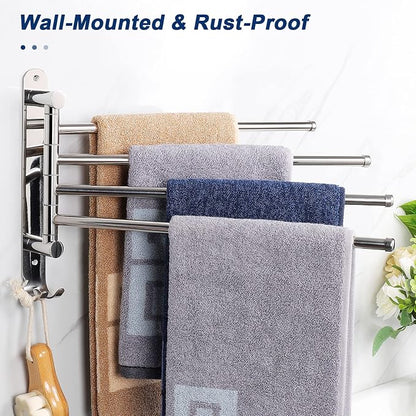 NearMoon Swivel Towel Rack, 13.8" Thicken 304 Stainless Steel 4-Arm Towel Bar, Space Saving Wall Mounted Towel Holder with Hook, Rustproof Swing Out Towel Hanger for Bathroom, Kitchen (Chrome Finish)