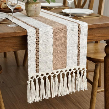 FEXIA Boho Table Runner for Hoilday Spring Home Decor with Tassels 72 Inches Long Pottery barn Furniture Farmhouse Rustic Macrame Burlap Table Decoration for Living Room (12x72 Inches)