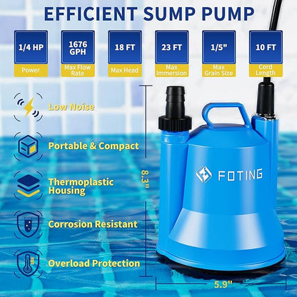 FOTING Sump Pump, 1/4HP 1676GPH Portable Submersible Water Pump for Clean&Dirty Water Removal, Thermoplastic Electric Utility Pump with 10FT Cord for Pool Draining Hot Tub Garden Basement, Blue