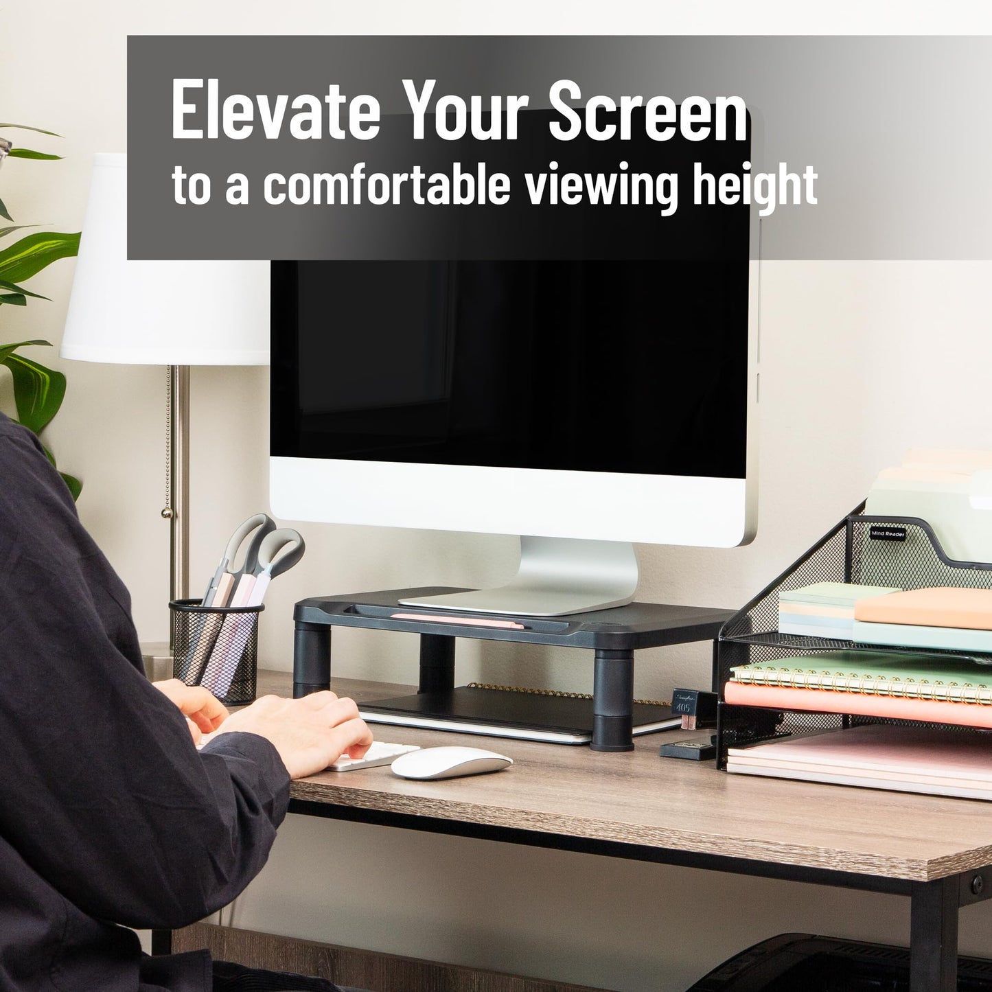 Mind Reader Monitor Stand, Height Adjustable, Laptop, Computer, Riser, Office, Set of 2, Black