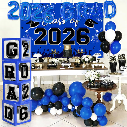 Graduation Decorations 2026, Blue Black Graduation Party Decorations 123pcs Balloon Boxes with Letters, Balloon Arch Kit and Backdrop for 2026 Grad Decor Class of Party Supplies