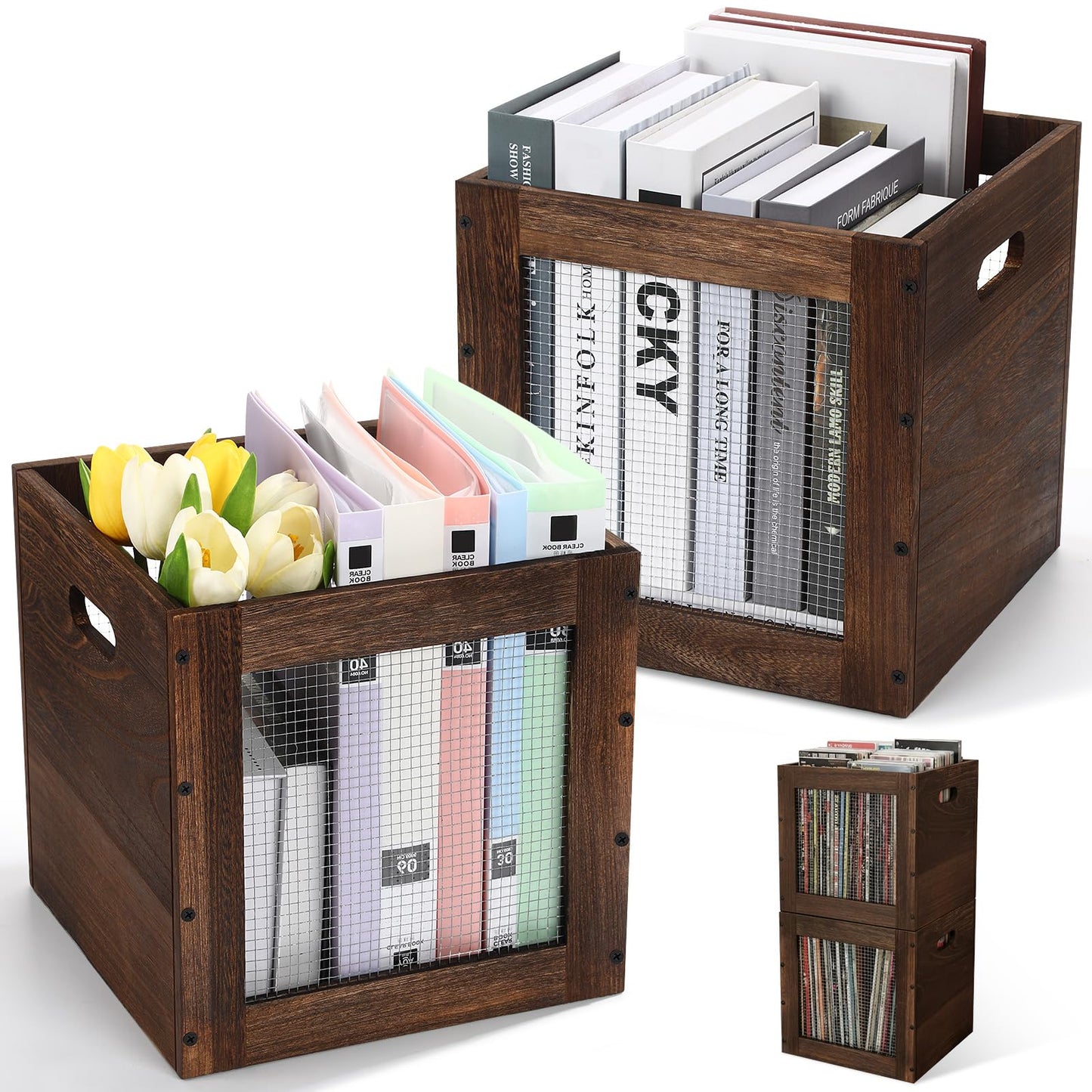 Colingmill 2 Pack Stackable Wood Storage Bins with Metal Wire and Handles 11 x 11 x 11 Inch, 22l Cube Vinyl Record Holder Wooden Storage Crate Basket for Shelve Fruit Vegetable Pantry Toy(Walnut)