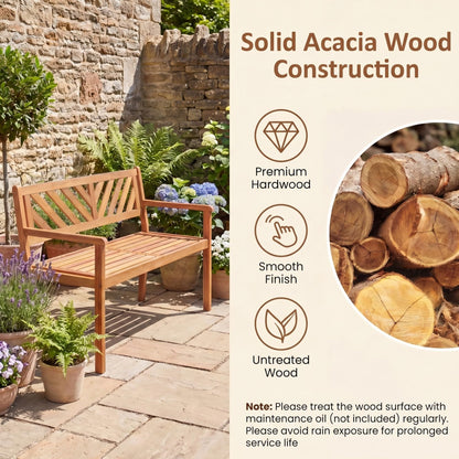 Giantex 2-Person Outdoor Bench, 47" Patio Acacia Wood Loveseat with Slatted Seat, Armrests & V-Shaped Backrest, Wooden Garden Seating for Backyard, Porch, Deck, Poolside