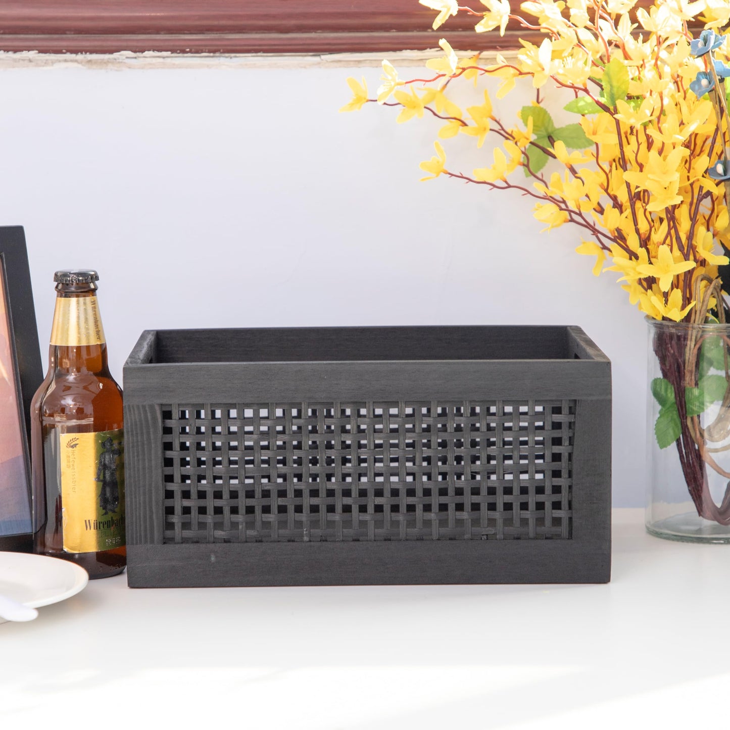 YRLSOTGE Wooden Storage Baskets,Black Woven Bamboo Basket Nesting Boxes with Built-in Handle for Pantry, Kitchen,Living Room,Shelves,Set of 2