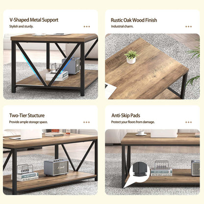 FOLUBAN Coffee Table with Storage Shelf, Modern Industrial Metal and Wood Living Room Table, Small Rectangle Cocktail Tea Table for Bedroom Home Office, Rustic Oak, 39.3 Inch