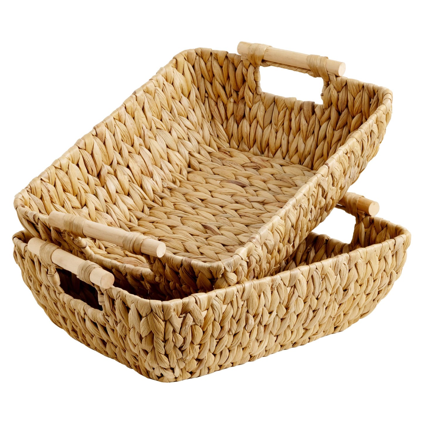 StorageWorks Hand-Woven Storage Baskets with Wooden Handles, Water Hyacinth Wicker Baskets for Organizing, 2 Pack