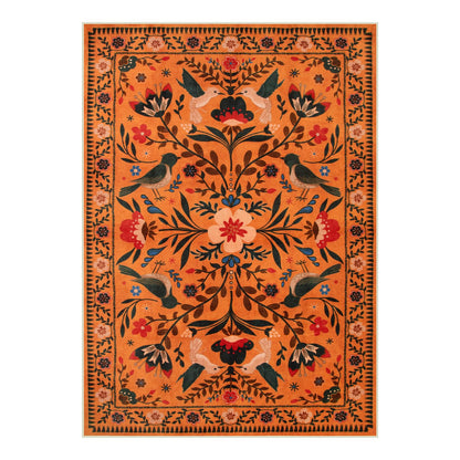 Moynesa Bedroom Rug 5x7, Washable Bohemian Scandinavian Orange Area Rugs for Living Room Dining Room Reading Coner, Modern Country Floral Bird Carpet, Fall Home Decor Non-Slip Protection