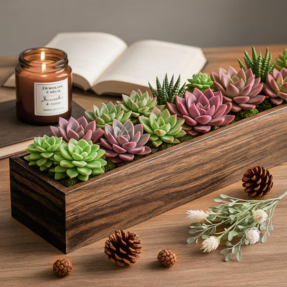 Dandat 12 Set Wood Boxes for Centerpieces 16x4 Inch Rectangle Wooden Planter Box Rustic Wood Planter with Removable Plastic Liner Floral Foam Blocks for Centerpieces Home Wedding Garden Decor
