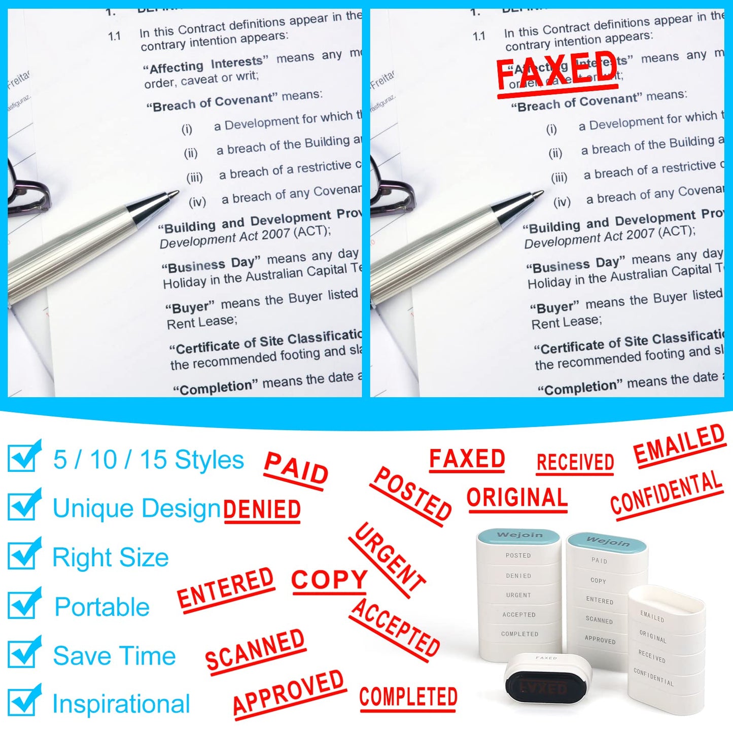 Office Supplies Set, Self Inking Stamps for Office Use Set, Pre-Inked Rubber Stamp of “Paid Copy Entered Scanned Approved Posted Denied Urgent Accepted Completed” for Business Accounting Finance