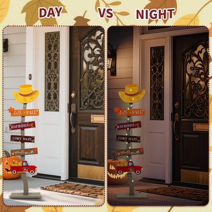 Lighted Wood Hello Fall Porch Sign,Fall Welcome Porch Decor,Autumn Maple Pumpkin Truck Sweater Weather Standing Wooden Signs for Harvest Thanksgiving Decor