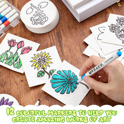 Maitys 65 Pcs Pre-Designed Magic Foam Texture Paper Painting Kit, 3 x 3'' White Foam Texture Paper with Colors Marker Water Brushes for 3D Craft Drawing DIY(Flower and Bird)