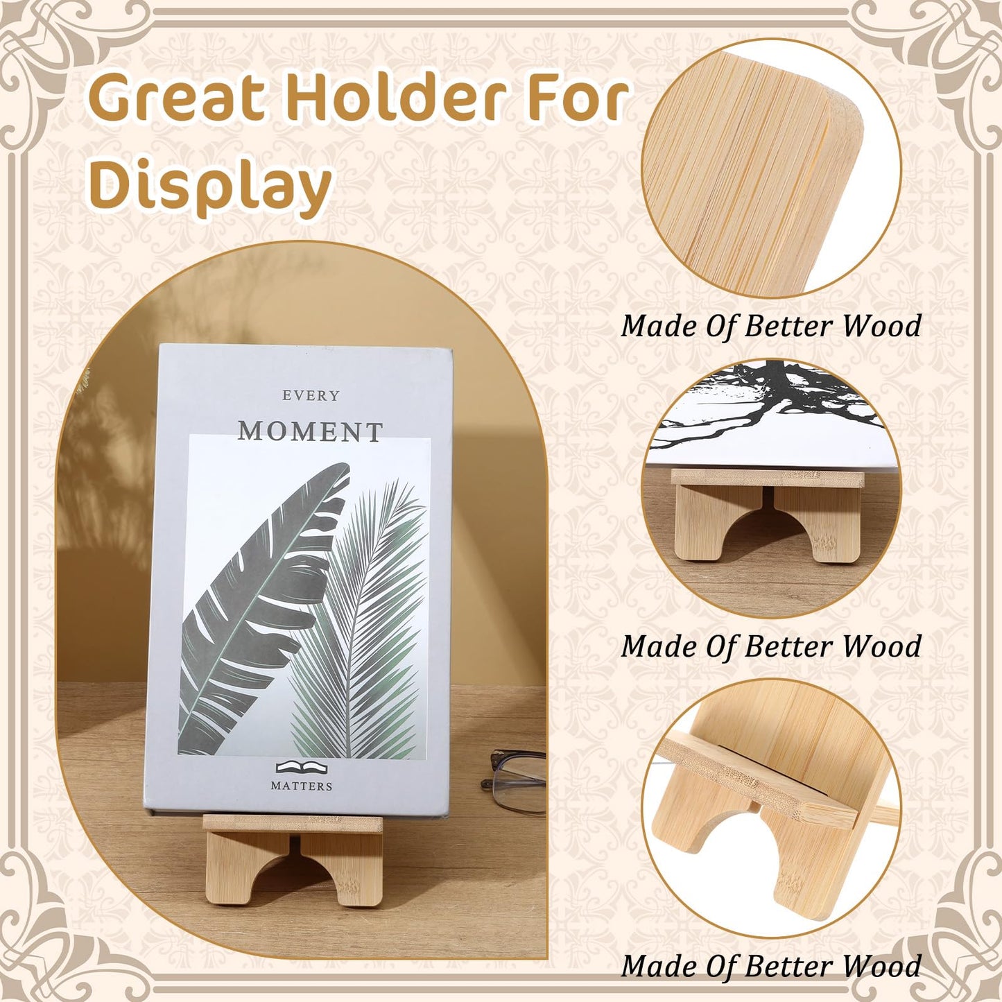 4 Pcs Bamboo Book Stand for Display, Sturdy Holder Easel for Home Office, Perfect for Albums, Magazines, Comics, Postcards, Artworks, and Video Games - Back to School Gift Idea