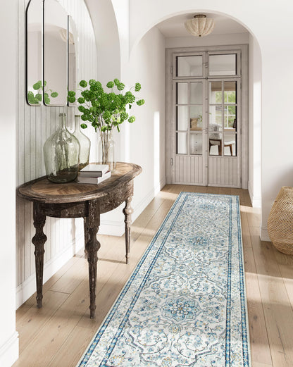 Lahome Oriental Washable Runner Rugs,2.5x8 Long Blue Bathroom Rugs Runner Non-Slip,Kitchen Runner Rugs Non Skid Washable,Traditional Low-Pile Wide Carpet Runner for Entryway Hallway Helena,8ft