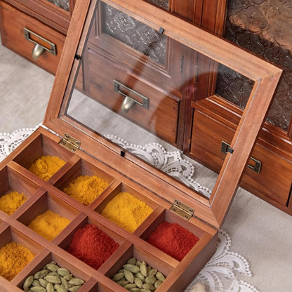Hunmor Wooden Spice Box 10x7.5 Inch, Indian Spice Box, Masala Dabba Spice Box for Kitchen,Decorative Indian Organizer with Lid,12 Compartments Spice Storage Container,Ideal for Seasonings & Herbs