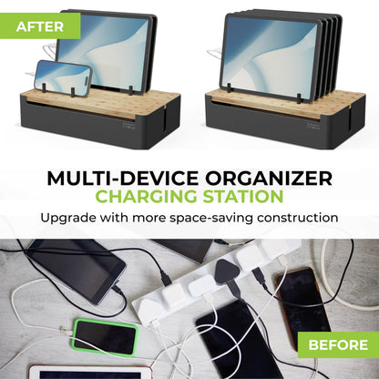 Prosumer's Choice Black Wooden Charging Station Organizer for Multiple Devices - Cable Management Box with 5 Slots and Removable Dividers - Charger Organizer for Phone, Tablet, Home, Office, 12"x6"x7"