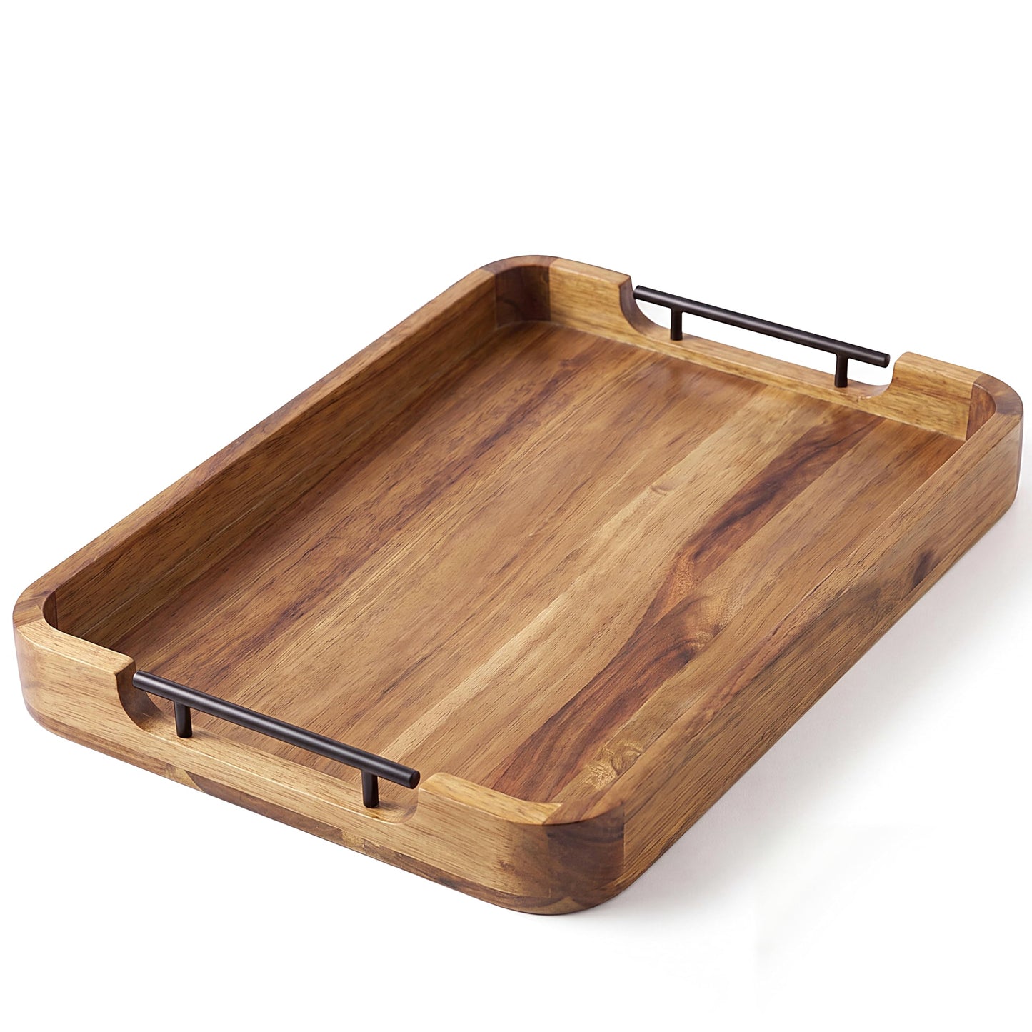 ZUJJAFY Serving Tray with Metal Handles, 17 x 13 in Acacia Wood Tray for Serving Food, Ottoman Decorative Tray Platter for Coffee Table, Living Room, Bar, Party